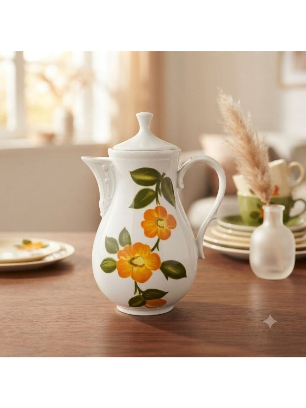 Vintage Tirschenreuth Bavaria Coffee Pot Orange Flower Leaf Porcelain Teapot